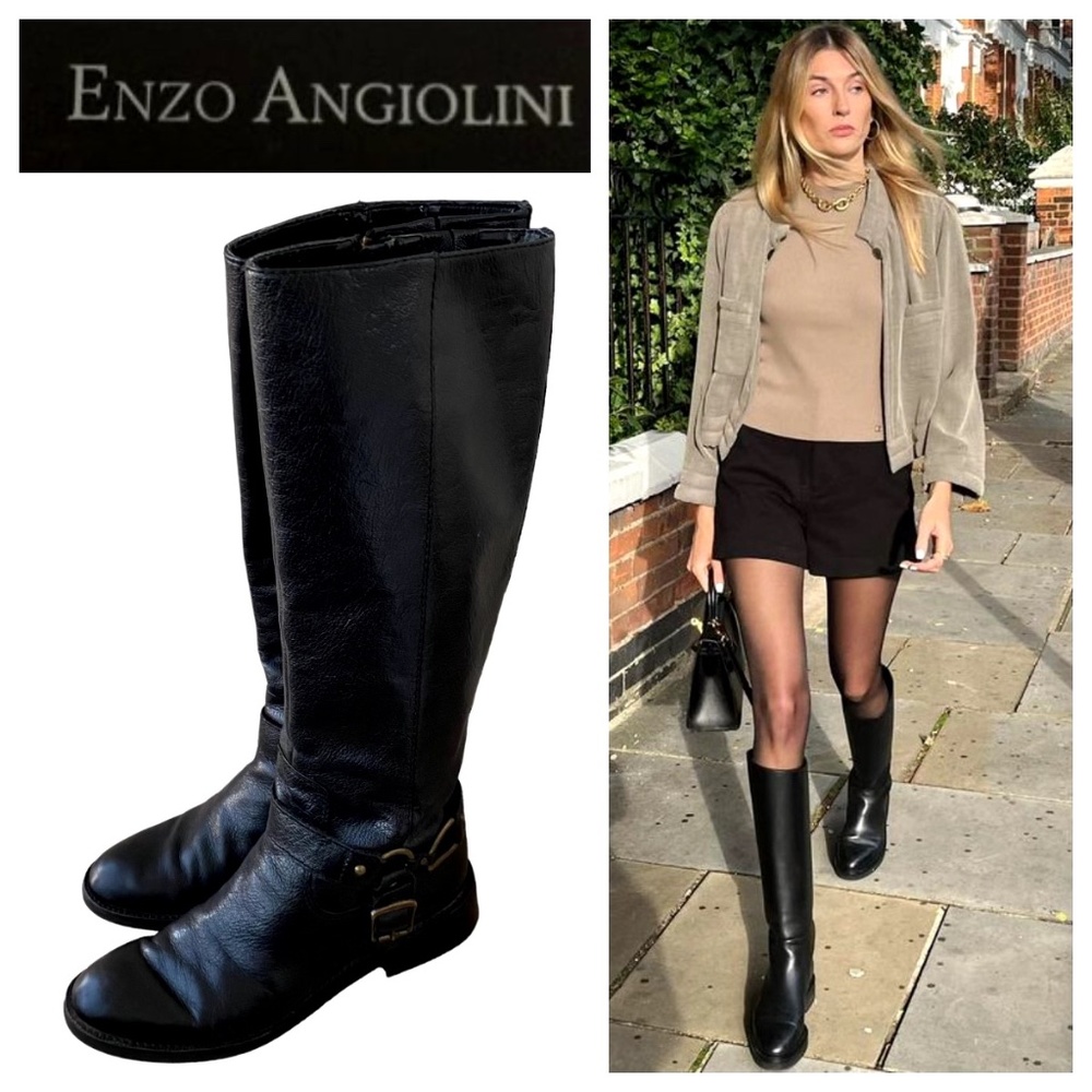 Enzo Angiolini Easaul Womens 6 Tall Riding Boots Black Leather Buckle